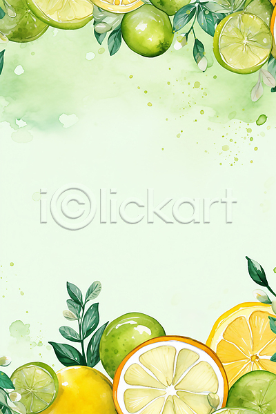 사람없음 JPG 일러스트 나뭇잎 라임 레몬 백그라운드 수채화(물감) 오렌지 초록색 카피스페이스
