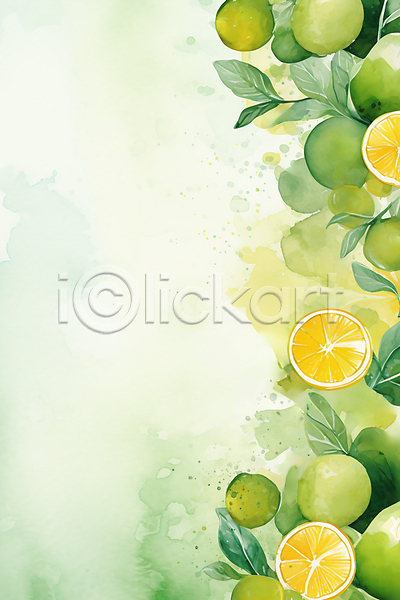 사람없음 JPG 일러스트 나뭇잎 라임 레몬 백그라운드 수채화(물감) 오렌지 초록색 카피스페이스