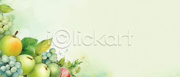 사람없음 JPG 일러스트 나뭇잎 배(과일) 백그라운드 사과 수채화(물감) 초록색 카피스페이스 포도