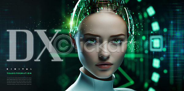 미래 사람없음 PSD 편집이미지 AI(인공지능) 교육 디지털 로봇 미래산업 빛 스크린 얼굴 초록색 휴머노이드