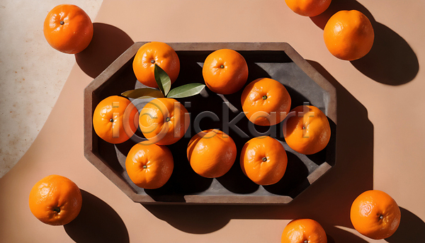 사람없음 JPG 편집이미지 하이앵글 겨울 귤 오렌지 잎 쟁반 주황색