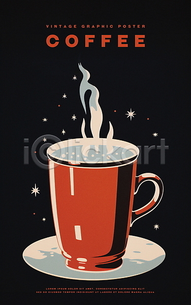 따뜻함 빈티지 사람없음 PSD 일러스트 검은색 겨울 따뜻한음료 머그컵 복고 빨간색 카페 커피 커피잔 포스터