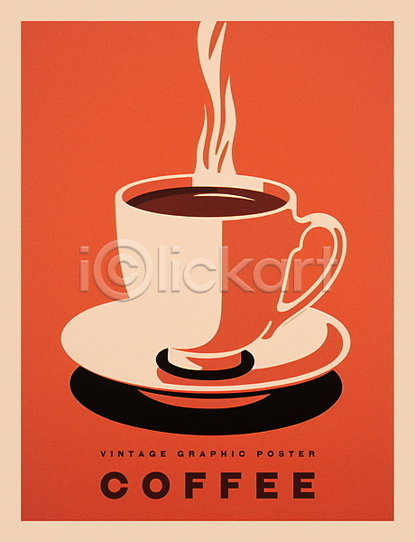 따뜻함 빈티지 사람없음 PSD 일러스트 겨울 따뜻한음료 머그컵 복고 주황색 카페 커피 커피잔 포스터