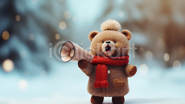 사람없음 JPG 편집이미지 겨울 곰 곰인형 들기 목도리 쇼핑 알림 오브젝트 외침 이벤트 확성기