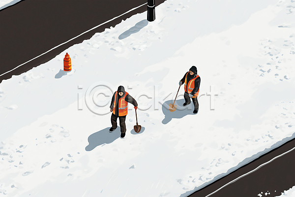 추위 남자 두명 성인 성인남자만 PSD 일러스트 겨울 눈(날씨) 눈덮임 도로 도시 들기 백그라운드 삽 전신 제설 제설도구 청소