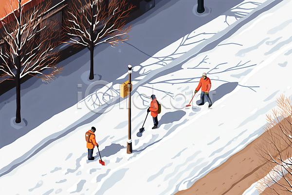 추위 남자 성인 성인남자만 세명 PSD 일러스트 가로등 가로수 겨울 눈(날씨) 눈덮임 도로 도시 들기 백그라운드 삽 전신 제설 제설도구 청소