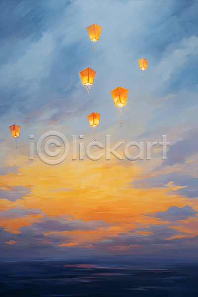 사람없음 JPG 디지털합성 일러스트 구름(자연) 백그라운드 빛 새해 유화 일몰 풍경(경치) 풍등 풍등날리기 하늘
