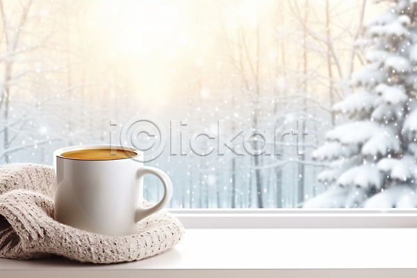 포근함 사람없음 JPG 디지털합성 편집이미지 겨울 나무 눈(날씨) 눈내림 니트 따뜻한음료 머그컵 창가 커피