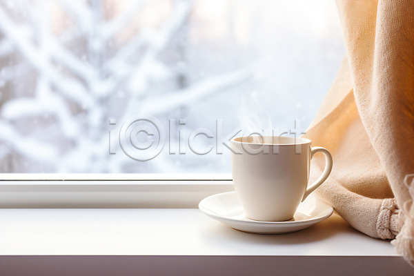 포근함 사람없음 JPG 디지털합성 편집이미지 겨울 따뜻한음료 연기 창가 커튼 커피 커피잔