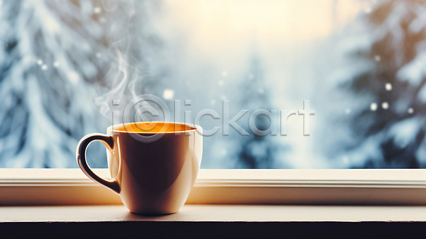 포근함 사람없음 JPG 디지털합성 편집이미지 겨울 따뜻한음료 연기 창가 커피 커피잔