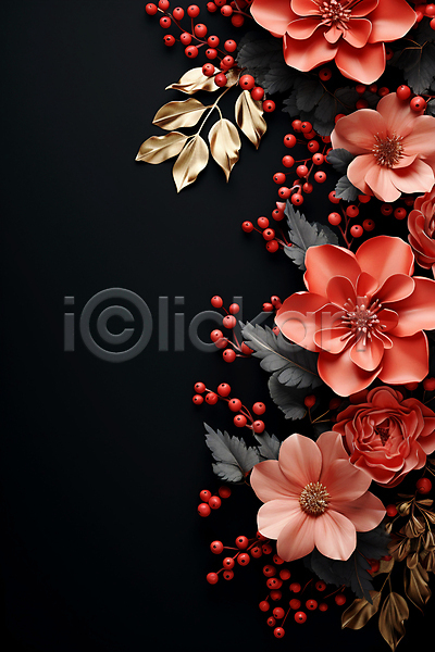 사람없음 JPG 디지털합성 편집이미지 검은색 겨울 다홍색 백그라운드 열매 잎 카피스페이스 포인세티아