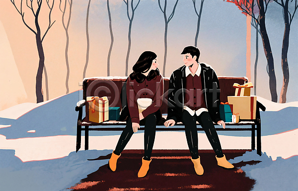 감성 사랑 함께함 남자 두명 성인 성인만 여자 PSD 일러스트 겨울 겨울풍경 나무 눈(날씨) 눈덮임 데이트 마주보기 벤치 선물상자 설원 앉기 연애 전신 커플