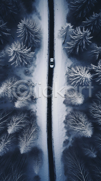 사람없음 JPG 디지털합성 편집이미지 항공촬영 겨울 나무 눈(날씨) 눈길운전 눈덮임 도로 운전 자동차