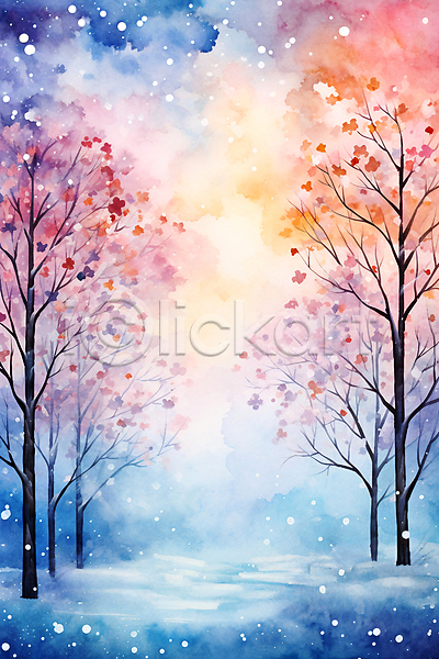 사람없음 JPG 일러스트 겨울 나무 눈(날씨) 백그라운드 번짐 붓터치 수채화(물감) 추상 컬러풀 포스터 풍경(경치)