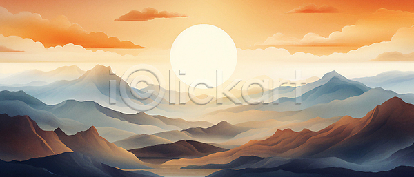 사람없음 JPG 일러스트 구름(자연) 미니멀 배너 백그라운드 산 산등성이 자연 추상 태양 풍경(경치) 풍경화