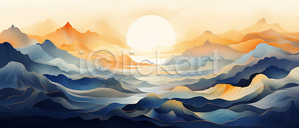 사람없음 JPG 일러스트 미니멀 배너 백그라운드 산 산등성이 자연 추상 태양 풍경(경치) 풍경화