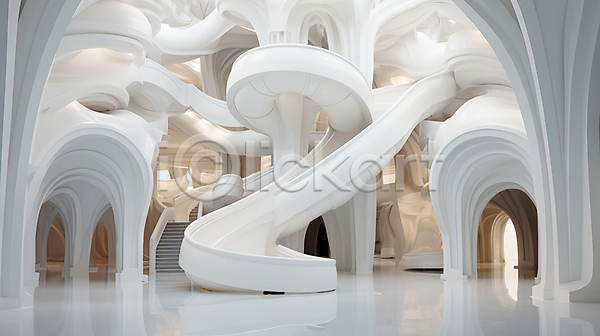 사람없음 JPG 디지털합성 편집이미지 건축 건축물 계단 공간 굴곡 기하학 디자인 모양 추상 편집 흰색