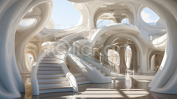 사람없음 JPG 디지털합성 편집이미지 건축 건축물 계단 공간 굴곡 기하학 디자인 모양 추상 편집 흰색