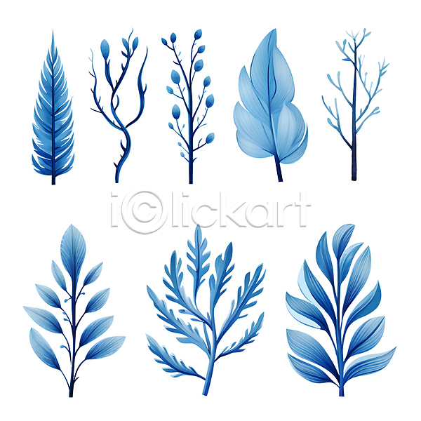 사람없음 PSD 일러스트 겨울 나뭇잎 보테니컬아트 세트 수채화(물감) 엘리먼트 열매 잎 파란색 풀(식물) 풀잎