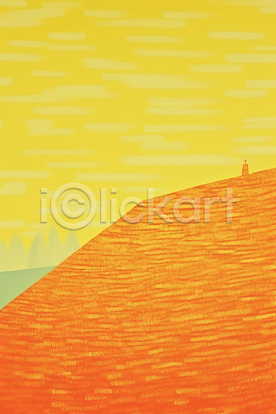 사람없음 JPG 일러스트 교회 기독교 노란색 미니멀 산 십자가 언덕 주황색 풍경(경치) 하늘