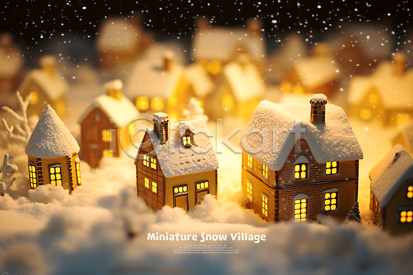 분위기 사람없음 PSD 편집이미지 건축모형 겨울 눈(날씨) 눈꽃 눈내림 눈덮임 마을 미니어처 백그라운드 빛 장난감