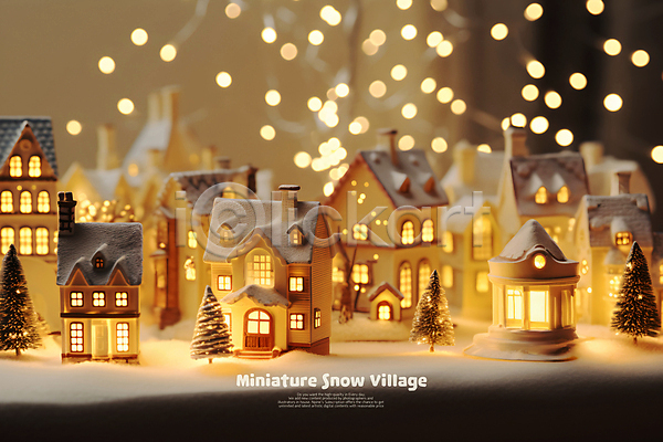 분위기 사람없음 PSD 편집이미지 건축모형 겨울 나무 눈(날씨) 눈덮임 마을 미니어처 백그라운드 보케 빛 장난감