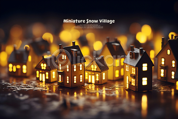 분위기 사람없음 PSD 편집이미지 건축모형 겨울 마을 미니어처 백그라운드 보케 빛 장난감