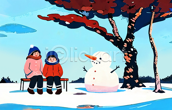 추위 휴식 남자 두명 소녀(어린이) 소년 어린이 어린이만 여자 PSD 일러스트 겨울 겨울풍경 나무 놀이 눈(날씨) 눈덮임 눈사람 벤치 설원 앉기 전신 주머니손