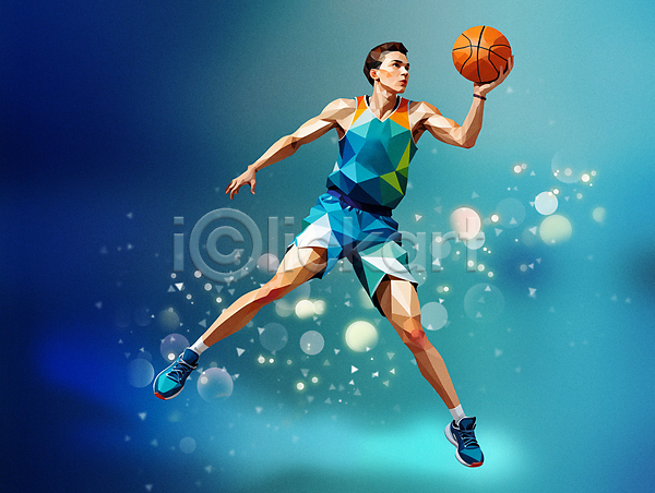 남자 성인 성인남자한명만 한명 PSD 편집이미지 농구 농구공 농구복 농구선수 들기 전신 점프 지오메트릭 폴리곤