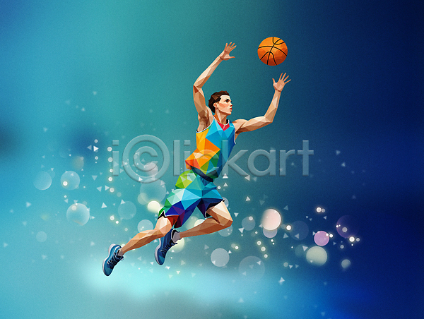 남자 성인 성인남자한명만 한명 PSD 편집이미지 농구 농구공 농구복 농구선수 전신 점프 지오메트릭 폴리곤