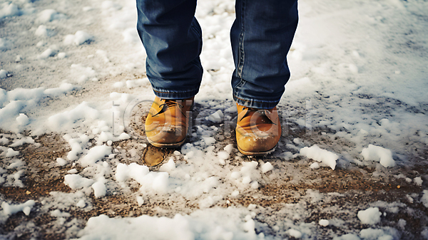 추위 신체부위 JPG 편집이미지 겨울 길 눈(날씨) 바닥 발 빙판 빙판길 서기 신발 청바지
