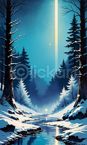 분위기 사람없음 JPG 일러스트 강 겨울 겨울풍경 광선 나무 눈덮임 밤하늘 백그라운드 별 빛 오로라 자연 파란색 풍경(경치) 하늘