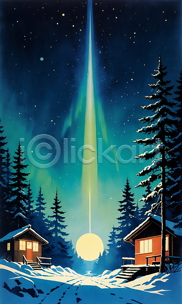 분위기 사람없음 JPG 일러스트 겨울 겨울풍경 눈덮임 달 밤하늘 백그라운드 별 빛 오두막 오로라 자연 주택 청록색 풍경(경치) 하늘