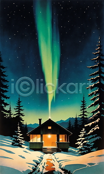 분위기 사람없음 JPG 일러스트 겨울 겨울풍경 눈덮임 밤하늘 백그라운드 별 빛 산 오두막 오로라 자연 주택 청록색 풍경(경치) 하늘