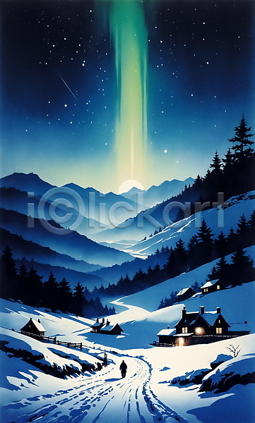 분위기 사람없음 JPG 일러스트 겨울 겨울풍경 눈덮임 밤하늘 백그라운드 별 빛 산 오로라 자연 주택 파란색 풍경(경치) 하늘