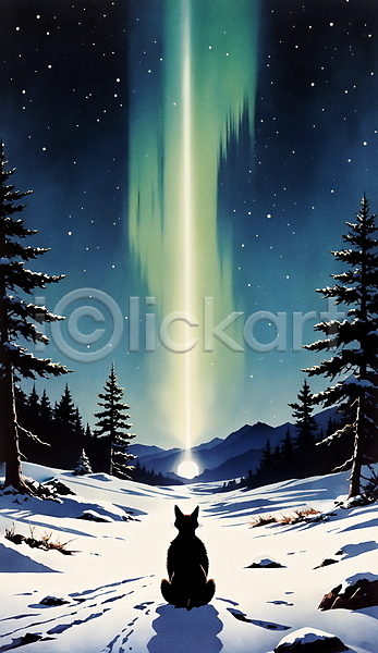 분위기 사람없음 JPG 일러스트 겨울 겨울풍경 고양이 나무 눈덮임 늑대 밤하늘 백그라운드 별 빛 오로라 자연 풍경(경치) 하늘 한마리