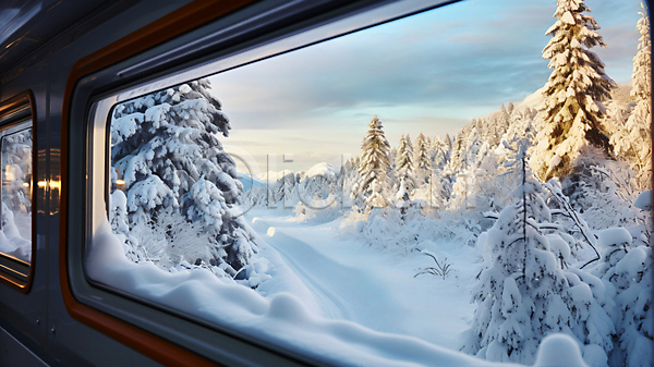 사람없음 JPG 디지털합성 편집이미지 겨울 기차 나무 눈(날씨) 여행 자연