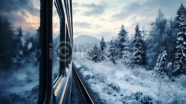 사람없음 JPG 디지털합성 편집이미지 겨울 기차 나무 눈(날씨) 여행 자연