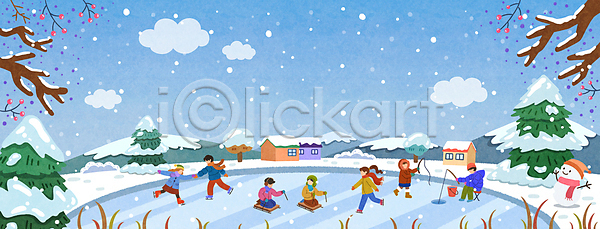 남자 성인 성인만 여러명 여자 PSD 일러스트 겨울 구름(자연) 나무 낚싯대 놀이 눈(날씨) 눈내림 눈사람 들기 빙어낚시 빙판 스케이트 승차 아이스스케이트 얼음썰매 열매 전신 주택 풀(식물) 하늘색