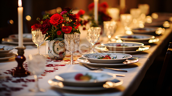 사람없음 JPG 디지털합성 편집이미지 겨울 꽃병 식탁 실내 연말 와인잔 접시 크리스마스 홈파티