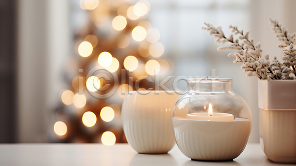 사람없음 JPG 디지털합성 편집이미지 겨울 보케 빛망울 실내 연말 초 컵 크리스마스 홈파티 화분