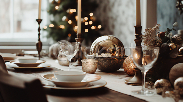 사람없음 JPG 디지털합성 편집이미지 겨울 식탁 실내 연말 오너먼트 와인잔 접시 초 촛대 크리스마스 홈파티