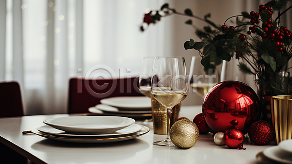 사람없음 JPG 디지털합성 편집이미지 겨울 식탁 실내 연말 오너먼트 와인 접시 크리스마스 탁자 홈파티 화분