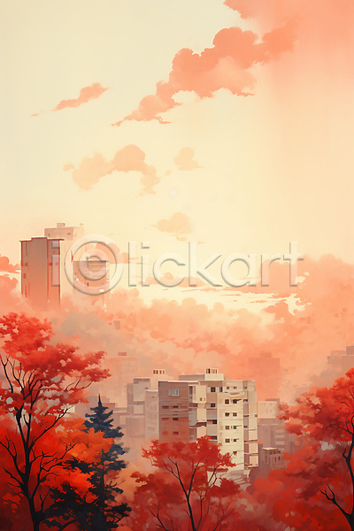 사람없음 JPG 일러스트 가을(계절) 건물 구름(자연) 나무 단풍 단풍나무 도시 일몰 풍경(경치) 하늘