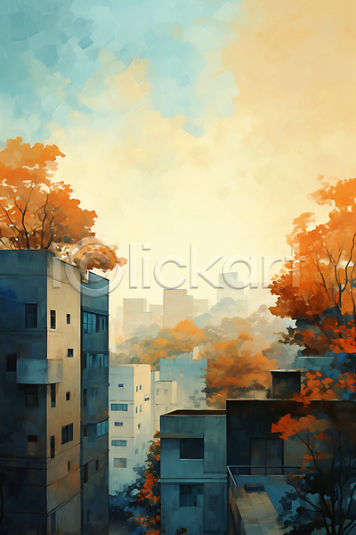 사람없음 JPG 일러스트 가을(계절) 건물 나무 단풍 단풍나무 도시 일몰 풍경(경치) 하늘