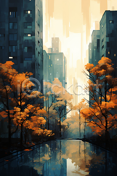 사람없음 JPG 일러스트 가을(계절) 건물 나무 단풍 단풍나무 도시 일몰 풍경(경치) 하늘
