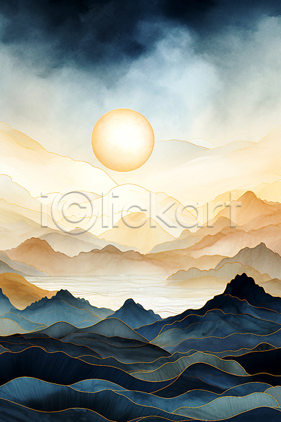 사람없음 JPG 일러스트 구름(자연) 백그라운드 산맥 수채화(물감) 자연 태양 풍경(경치) 하늘