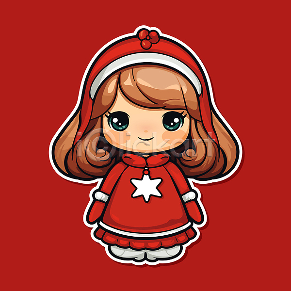 소녀(어린이) 소녀한명만 어린이 여자 한명 AI(파일형식) 일러스트 빨간색 스티커 오브젝트 요정 인형 장식 전신 크리스마스 크리스마스캐릭터