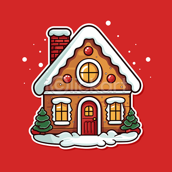 사람없음 AI(파일형식) 일러스트 눈(날씨) 빨간색 스티커 오브젝트 장식 주택 크리스마스