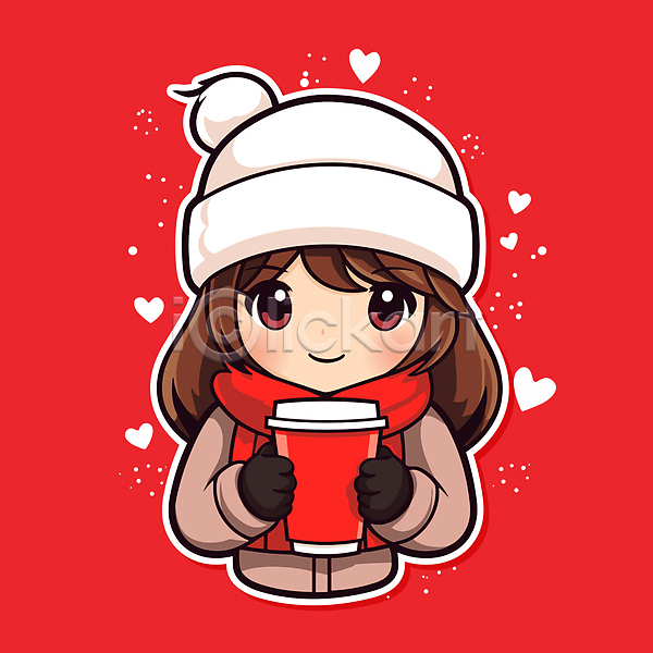 소녀(어린이) 소녀한명만 어린이 여자 한명 AI(파일형식) 일러스트 들기 목도리 빨간색 상반신 스티커 오브젝트 장식 커피잔 크리스마스 크리스마스캐릭터 털모자